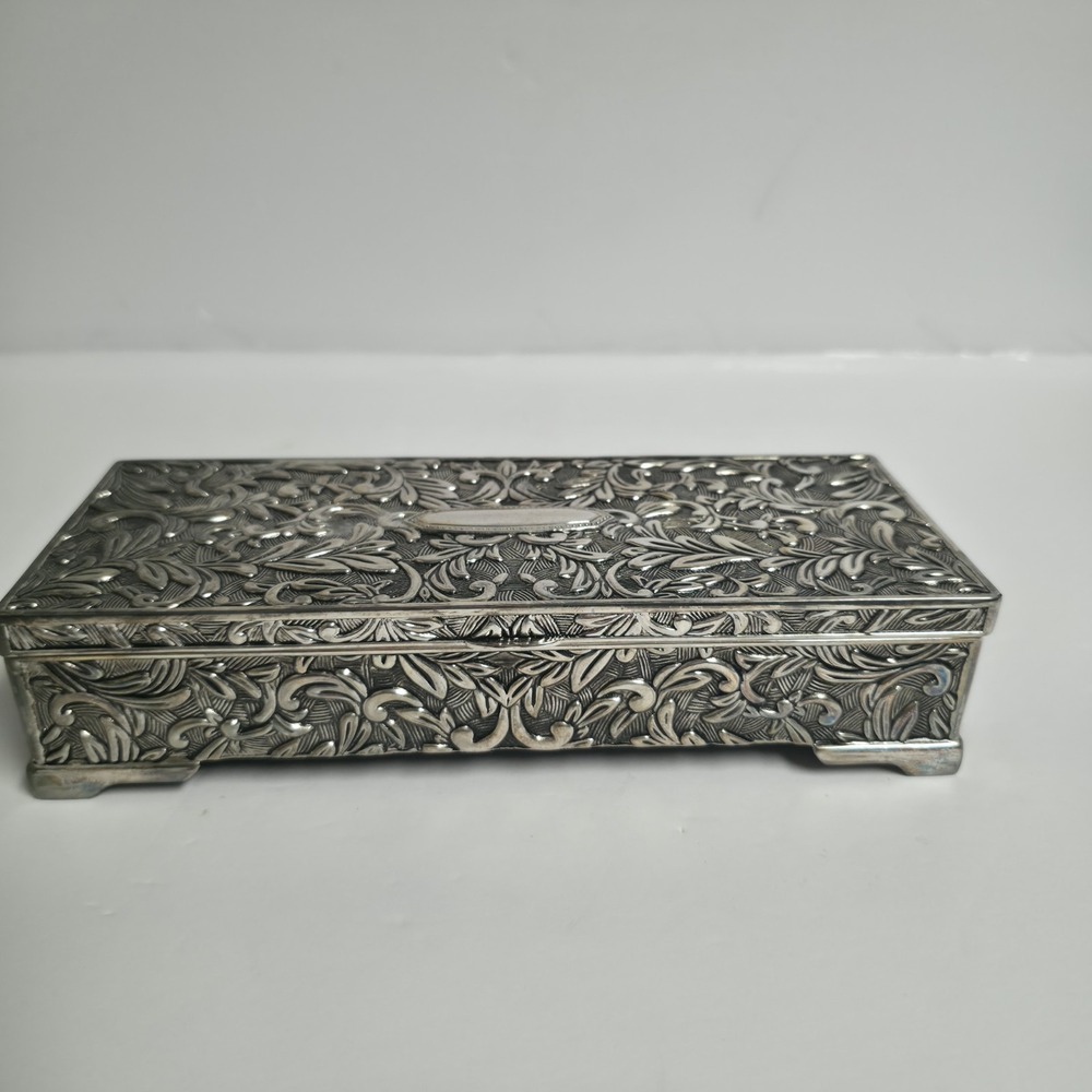 Vintage Godinger Silver Plated Jewelry Trinket Box Ornate Floral Footed Embossed